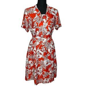 Vintage 60’s Floral Orange White Dress Size Medium 8 10